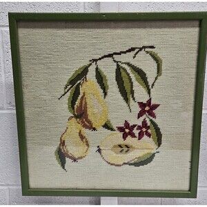 Vintage needlework (Cross Stitch) Pear Fruit Framed picture ~16 3/8”